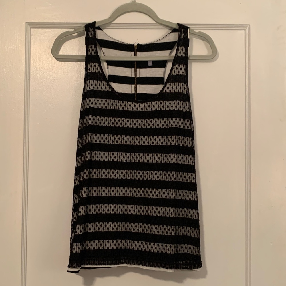 Black & White Striped Tank with Lace Overlay - S